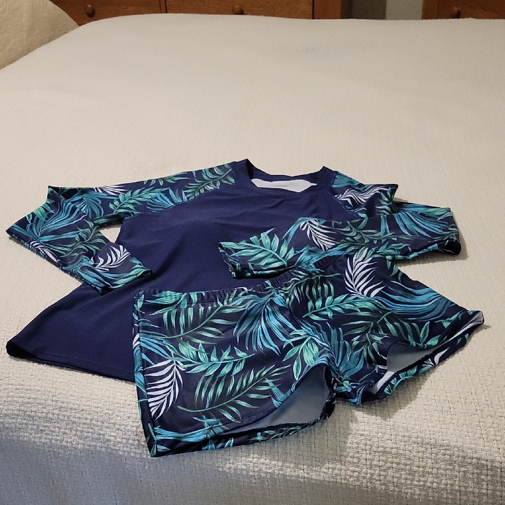 Blue and Green Leaf Print Swim Set